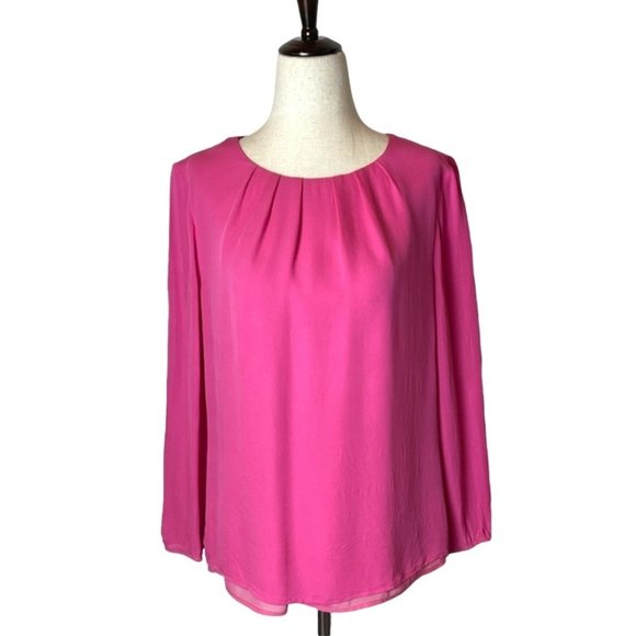 J. Crew Tops - J. Crew Hot Pink 100% Silk Long Sleeves Pleated Neckline Flowy Blouse Size 6